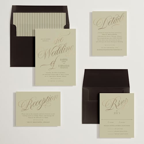 This is a moss foil stamped wedding invitations with foil pressed by Kate Ahn called mirin printing on signature in standard