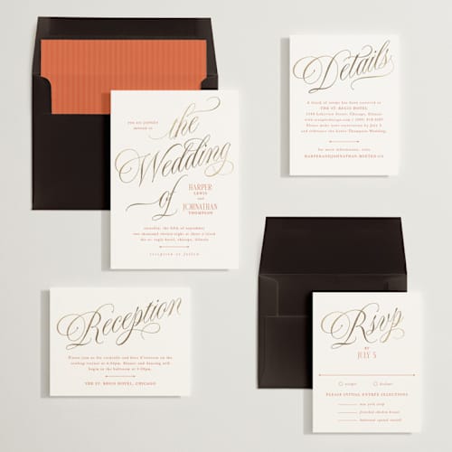 This is a sunset foil stamped wedding invitations with foil pressed by Kate Ahn called mirin printing on signature in standard