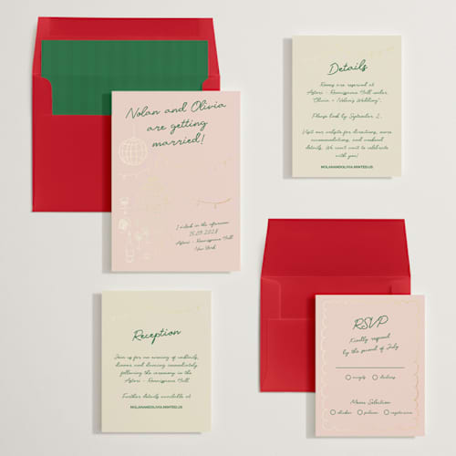 This is a verdant foil stamped wedding invitations with foil pressed by Zove Ahhh called party on! printing on signature in standard