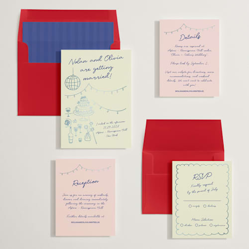 This is a disco blue foil stamped wedding invitations with foil pressed by Zove Ahhh called party on! printing on signature in standard