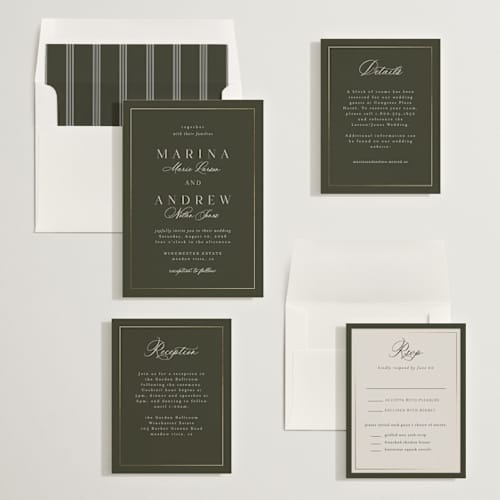 This is a deep olive foil stamped wedding invitations with foil pressed by Nicole Walsh called refined printing on signature in standard