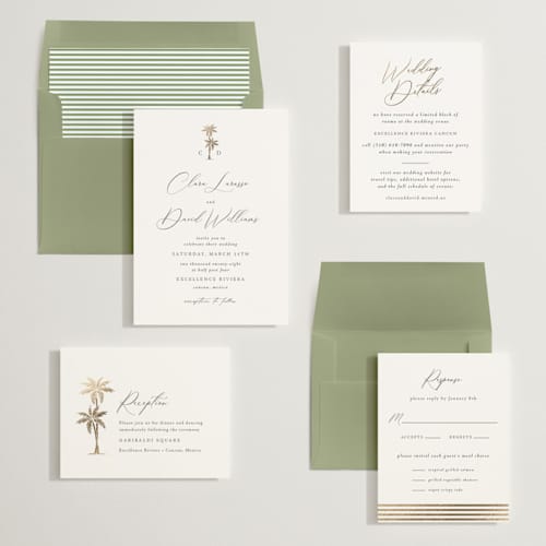 This is a leaf foil stamped wedding invitations with foil pressed by Olivia Raufman called palm monogram printing on signature in standard