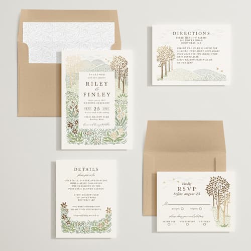 This is a forest foil stamped wedding invitations with foil pressed by Paper Sun Studio called in the country printing on signature in standard