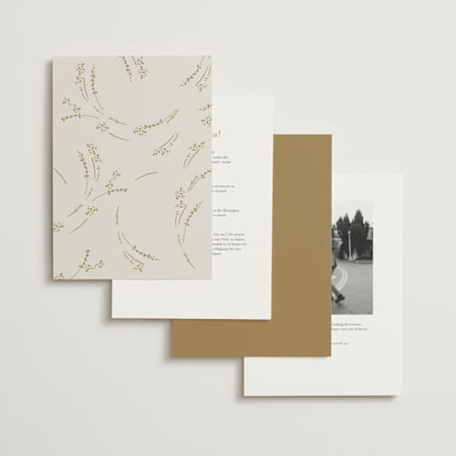 This is a greenery foil stamped wedding invitations with foil pressed by Phrosné Barwood called fresh tropical printing on signature in standard