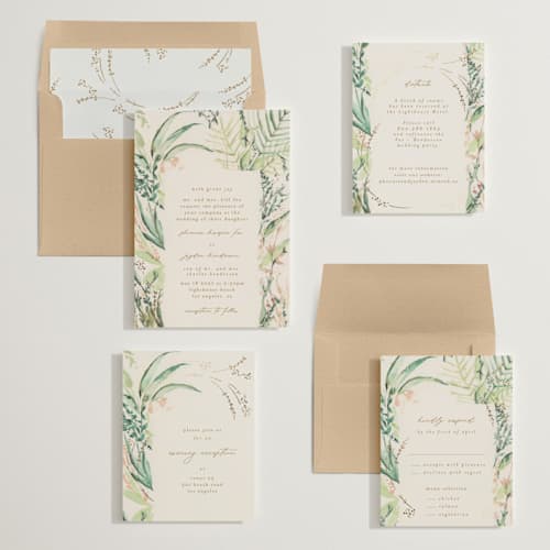 This is a greenery foil stamped wedding invitations with foil pressed by Phrosné Barwood called fresh tropical printing on signature in standard