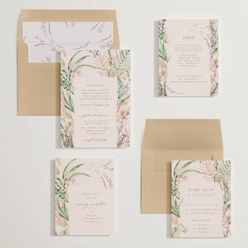 This is a spring foil stamped wedding invitations with foil pressed by Phrosné Barwood called fresh tropical printing on signature in standard