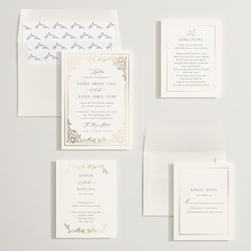 This is a chiffon foil stamped wedding invitations with foil pressed by Nicoletta Savod called majesty printing on signature in standard
