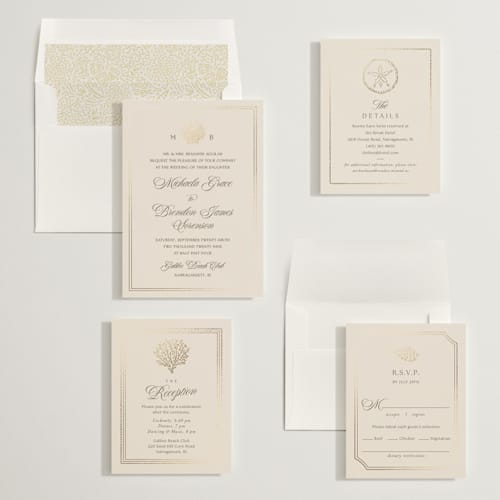 This is a champagne foil stamped wedding invitations with foil pressed by Griffinbell Paper Co. called seaside printing on signature in standard