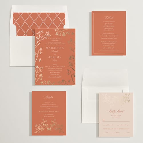 This is a terracotta foil stamped wedding invitations with foil pressed by frau brandt called shining florals printing on signature in standard
