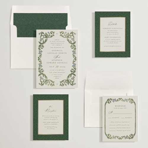 This is a bluebell foil stamped wedding invitations with foil pressed by Jen Owens called grandeur printing on signature in standard