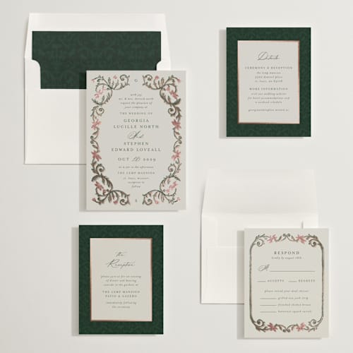 This is a burgundy foil stamped wedding invitations with foil pressed by Jen Owens called grandeur printing on signature in standard