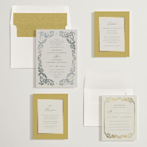 This is a buttercup foil stamped wedding invitations with foil pressed by Jen Owens called grandeur printing on signature in standard