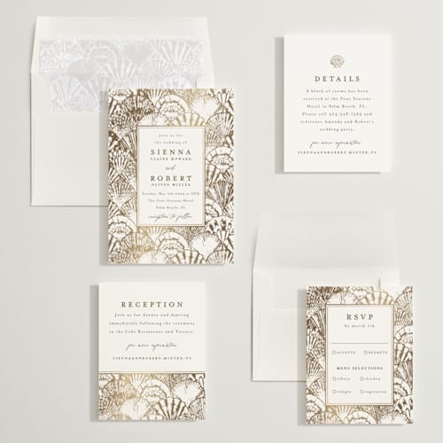 This is a pearl foil stamped wedding invitations with foil pressed by Maria Alou called by the seashore printing on signature in standard