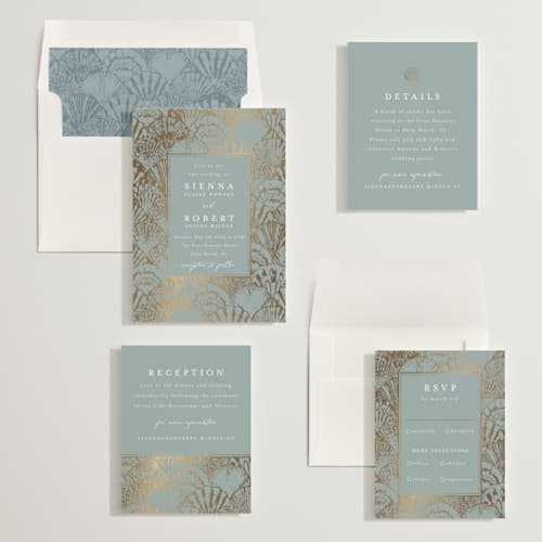 This is a ocean foil stamped wedding invitations with foil pressed by Maria Alou called by the seashore printing on signature in standard