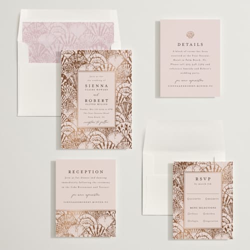 This is a pink orchard foil stamped wedding invitations with foil pressed by Maria Alou called by the seashore printing on signature in standard