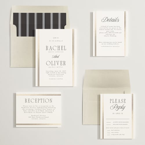 This is a pearl foil stamped wedding invitations with foil pressed by Nicole Walsh called side stripe printing on signature in standard