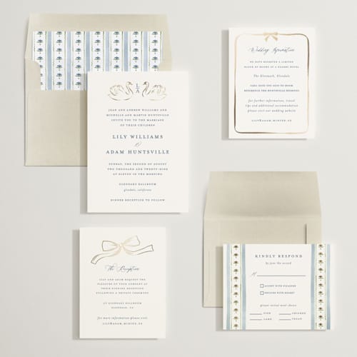 This is a lakes foil stamped wedding invitations with foil pressed by Sarah Knight called swan song printing on signature in standard