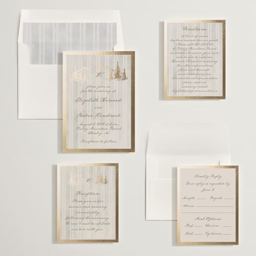 This is a dew foil stamped wedding invitations with foil pressed by Petra Kern called mountain love printing on signature in standard
