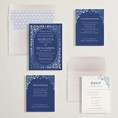 This is a royal foil stamped wedding invitations with foil pressed by Nam Bourassa called pomegranate floral frame printing on signature in standard