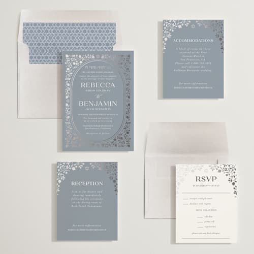 This is a frost foil stamped wedding invitations with foil pressed by Nam Bourassa called pomegranate floral frame printing on signature in standard