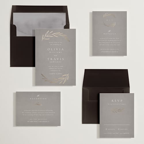 This is a mist foil stamped wedding invitations with foil pressed by Kelly Schmidt called leaves printing on signature in standard