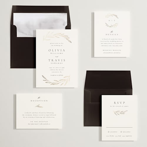 This is a silk foil stamped wedding invitations with foil pressed by Kelly Schmidt called leaves printing on signature in standard