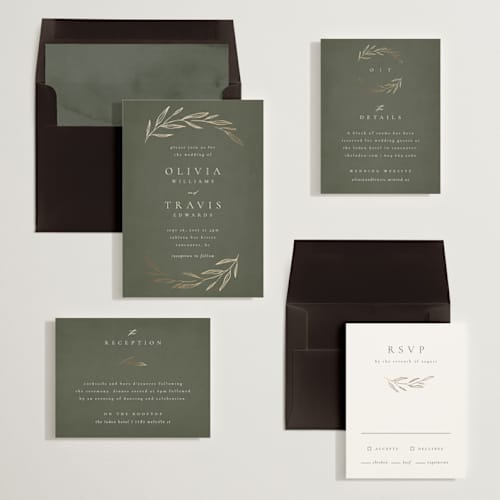This is a moss foil stamped wedding invitations with foil pressed by Kelly Schmidt called leaves printing on signature in standard