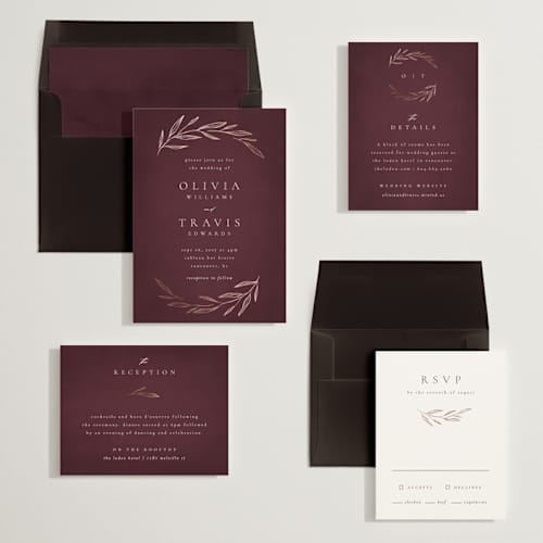 This is a merlot foil stamped wedding invitations with foil pressed by Kelly Schmidt called leaves printing on signature in standard