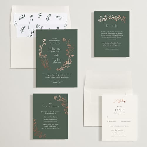 This is a garden foil stamped wedding invitations with foil pressed by Jennifer Wick called queen anne's lace printing on signature in standard