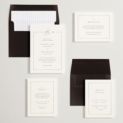 This is a silk foil stamped wedding invitations with foil pressed by Kelly Schmidt called framed monogram printing on signature in standard