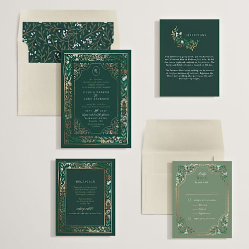 This is a evergreen foil stamped wedding invitations with foil pressed by Alethea and Ruth called illuminated storybook printing on signature in standard