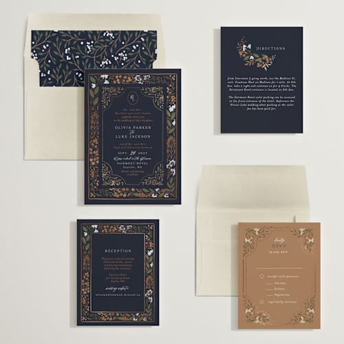 This is a navy foil stamped wedding invitations with foil pressed by Alethea and Ruth called illuminated storybook printing on signature in standard
