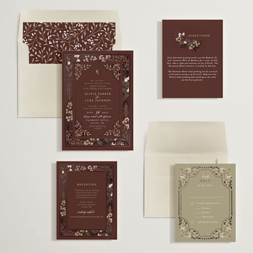 This is a almond foil stamped wedding invitations with foil pressed by Alethea and Ruth called illuminated storybook printing on signature in standard