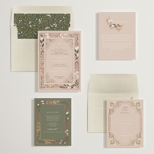 This is a burnt rose foil stamped wedding invitations with foil pressed by Alethea and Ruth called illuminated storybook printing on signature in standard