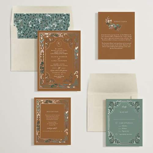 This is a earth foil stamped wedding invitations with foil pressed by Alethea and Ruth called illuminated storybook printing on signature in standard