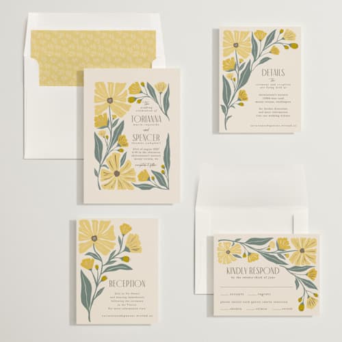 This is a buttercup foil stamped wedding invitations with foil pressed by Karidy Walker called storybook garden printing on signature in standard