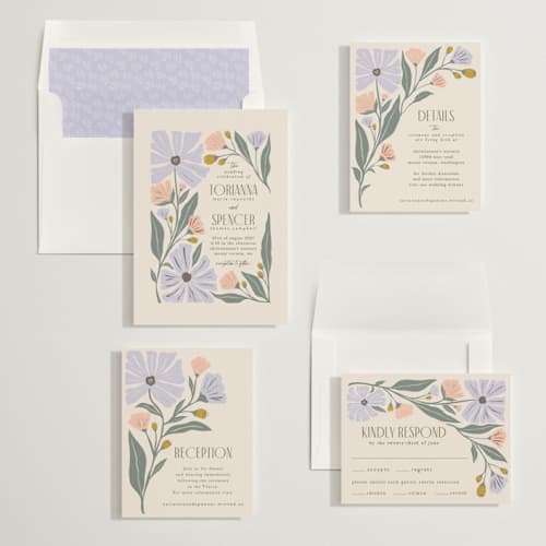 This is a periwinkle foil stamped wedding invitations with foil pressed by Karidy Walker called storybook garden printing on signature in standard