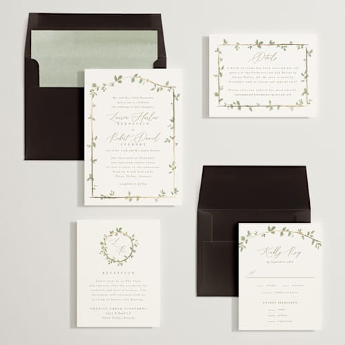 This is a ivy foil stamped wedding invitations with foil pressed by Everett Paper Goods called canopy printing on signature in standard
