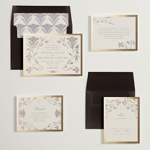 This is a vanilla foil stamped wedding invitations with foil pressed by Lori Wemple called deco nouveau printing on signature in standard