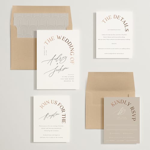 This is a marshmallow foil stamped wedding invitations with foil pressed by Vera Lim called the arc printing on signature in standard