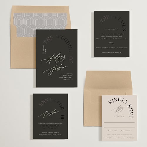 This is a truffle foil stamped wedding invitations with foil pressed by Vera Lim called the arc printing on signature in standard