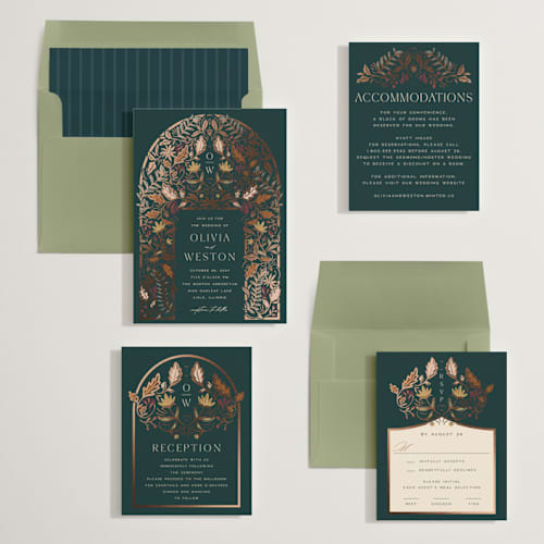 This is a deep sea foil stamped wedding invitations with foil pressed by Erin German called autumnal arch printing on signature in standard