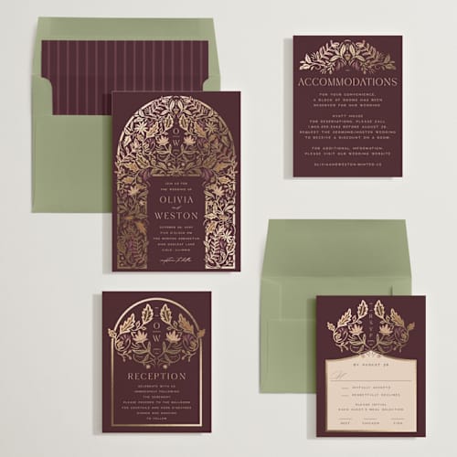 This is a berry foil stamped wedding invitations with foil pressed by Erin German called autumnal arch printing on signature in standard