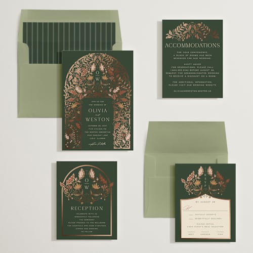 This is a leaf foil stamped wedding invitations with foil pressed by Erin German called autumnal arch printing on signature in standard