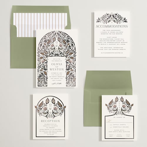 This is a charcoal foil stamped wedding invitations with foil pressed by Erin German called autumnal arch printing on signature in standard