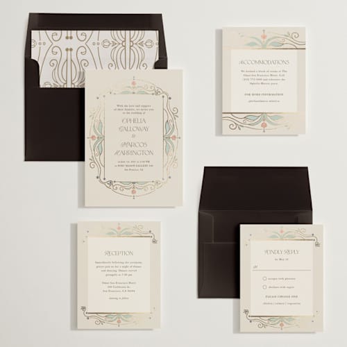 This is a ivory foil stamped wedding invitations with foil pressed by Maria Hilas-Louie called ornate elegance printing on signature in standard