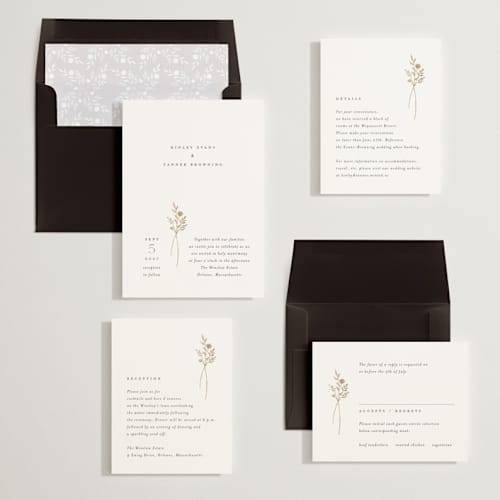 This is a cotton foil stamped wedding invitations with foil pressed by Jennifer Postorino called wildflower printing on signature in standard
