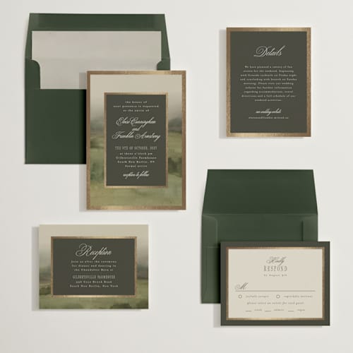 This is a graphite foil stamped wedding invitations with foil pressed by Everett Paper Goods called hillside printing on signature in standard