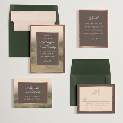This is a vineyard foil stamped wedding invitations with foil pressed by Everett Paper Goods called hillside printing on signature in standard