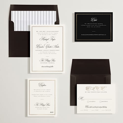 This is a snow foil stamped wedding invitations with foil pressed by Sarah Brown called traditionalist printing on signature in standard